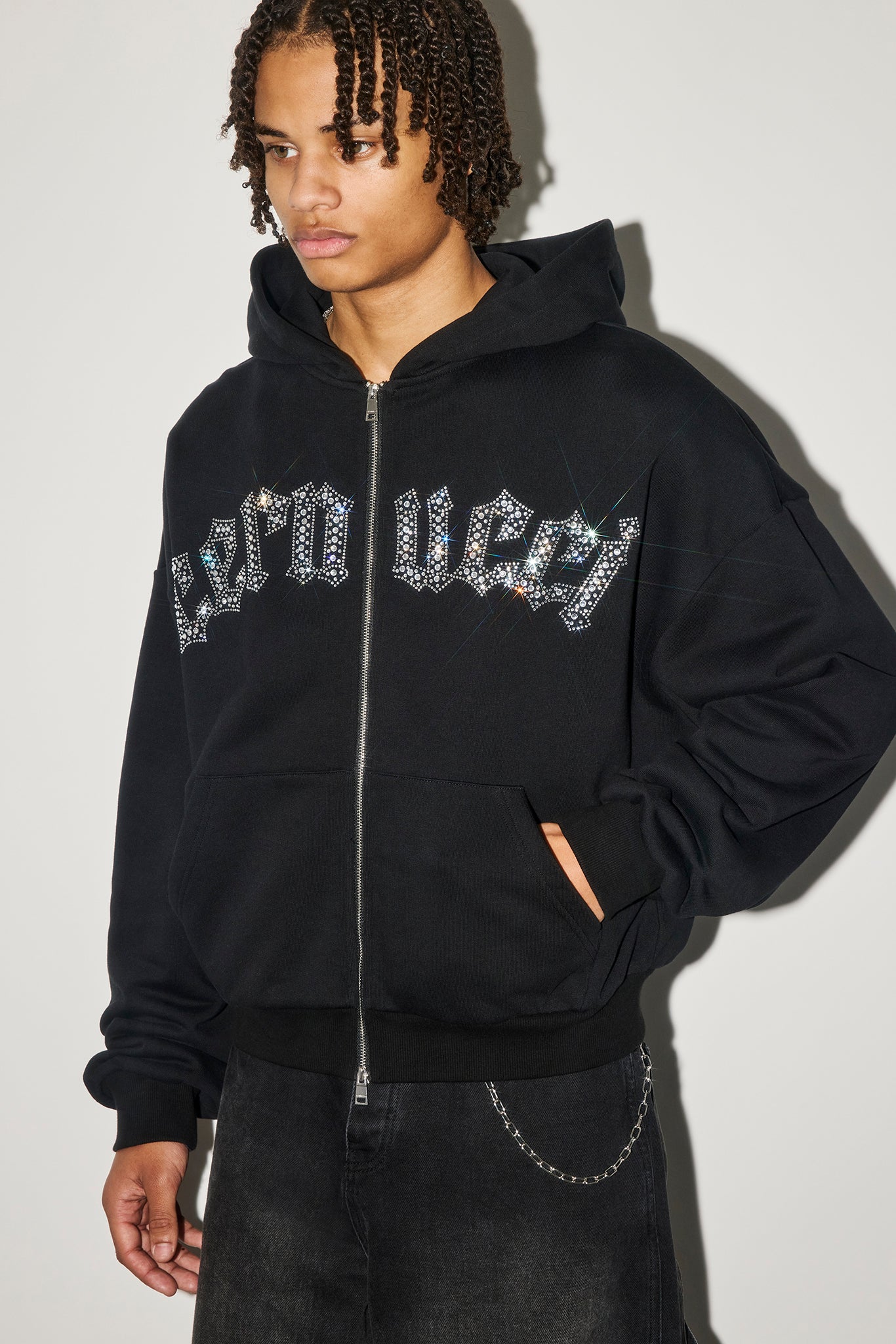 Rhinestone Logo Zip Hoodie - Black
